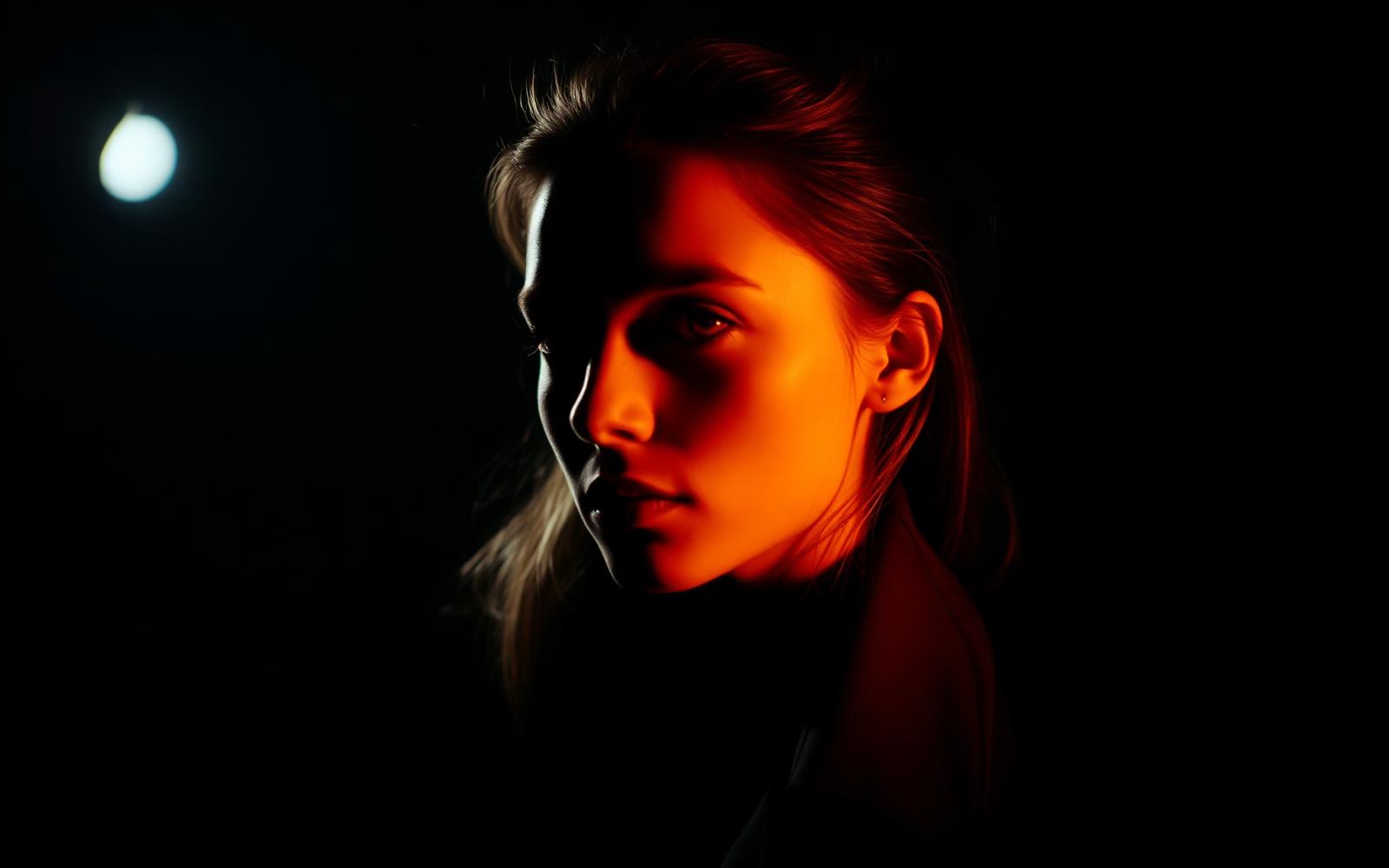 Editorial portrait lit with warm rim light against black
